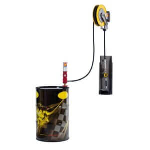 A decorated drum connected to a digital wall-mounted measuring tape which rests on a yellow holder, isolated on a white background. No text present.