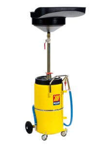 A yellow industrial oil draining machine with a large funnel on top, a hose attachment, and wheels for mobility against a white background.
