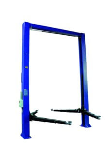 Blue car lift stands upright with two vertical posts and a horizontal beam against a white background.