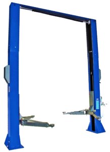 A blue, two-post automotive lift stands idle against a white background, designed for elevating vehicles for maintenance.