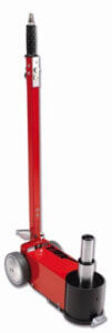 A red hydraulic floor jack stands upright against a white background, possibly used for lifting vehicles during maintenance.