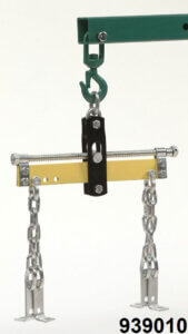A yellow and black hoist spreader bar with chains attached, hanging against a neutral background. The number "939010" is at the bottom.