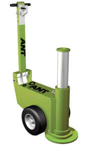A green industrial pallet jack with a vertical lifting cylinder and "ANT" logo, positioned stationary against a white background.