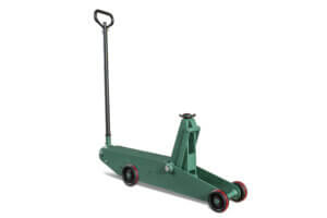 A green manual pallet jack stands idle against a white background.