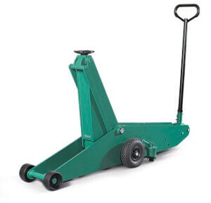 A green floor jack with a black handle, positioned upright, against a plain white background.