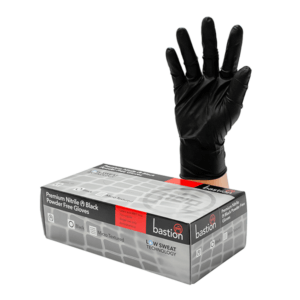 A black glove modelled on a hand rises from an open box against a white background. Text on the box reads "Bastion, Premium Nitrile in Black, Powder Free Gloves, L - Low Sweat Technology".