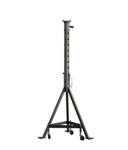 A tall metal IV stand with adjustable height, featuring a hook and wheeled tripod base, sits stationary against a white background.