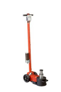 An orange hydraulic floor jack stands idle against a white background, suggesting use for lifting vehicles in a garage or workshop setting.