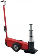 A red hydraulic floor jack with a black handle, designed for lifting vehicles, isolated on a white background.