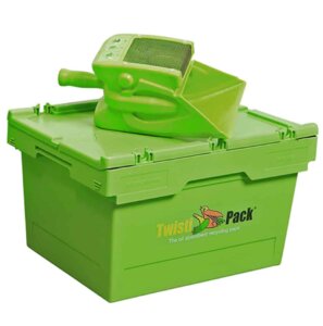 A green, plastic bait box with a twisting handle on top, labeled "Twist II Clean Pack - The pest professional's product."