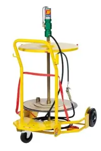 A yellow drum lifter with a foot-operated pump, designed to hoist and transport industrial barrels, stands idle against a white background.