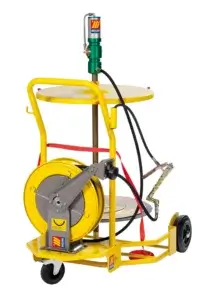 Yellow hose reel cart with a crank and a spray nozzle, designed to be mobile, against a white background.