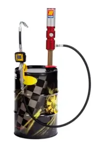 A decorated racing-style fuel canister with a hand pump and flexible hose attached, set against a white background.