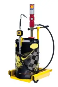 A black and yellow checkered portable oil dispenser with hose and digital meter, mounted on a yellow base with wheels, no text present.