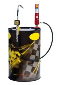A black and yellow oil drum with a manual pump and a spout, against a white background.