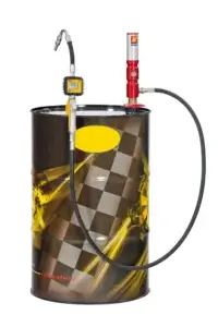 A large barrel with a patterned exterior, outfitted with a metered pump and flexible hose, stands isolated on a white background. The text on the barrel reads "a good advice!"