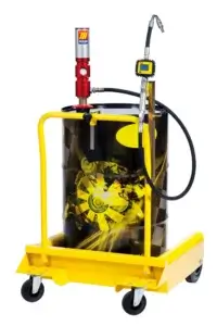 A yellow mobile oil drum pump trolley with a dispensing nozzle and a metering gauge, designed for convenient industrial fluid dispensing.