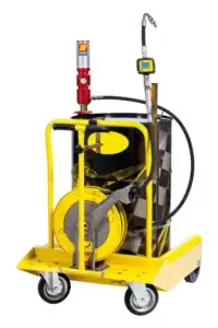 A yellow mobile lubrication unit with a digital meter hose nozzle, manual pump handle, grease barrel, and a signal light stack, isolated on a white background.