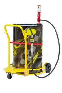 A barrel on a yellow dolly with a hand pump and hose, suggesting a mobile liquid dispensing setup, isolated against a white background.