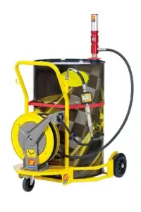 A yellow and gray industrial mixing machine on wheels, with a large barrel, mixing mechanism, and hoses, against a white background.