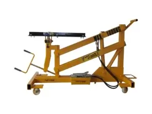 A yellow, mechanical device with handles and wheels, stationary on a plain background; likely a piece of industrial equipment or machinery.