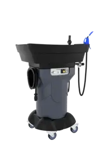 A mobile washing station with a large basin, adjustable faucet, and digital control panel, all mounted on a wheeled pedestal, isolated on a black background.
