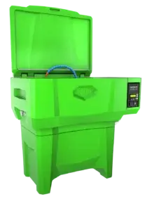 A bright green, stand-alone plastic kiosk with an open lid displays a keypad and screen on its side, set against a white background.