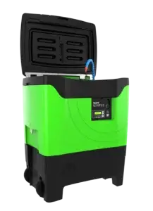 A green and black portable battery generator with digital display stands idle against a plain white background.