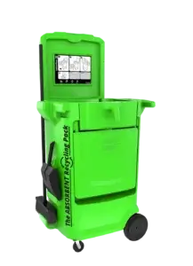 A bright green recycling bin equipped with wheels and a foot pedal, labeled "Mixed Recycle," against a white backdrop.