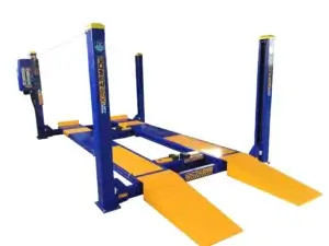 A blue and yellow four-post car lift without a vehicle, designed to raise cars for maintenance, isolated on a white background.