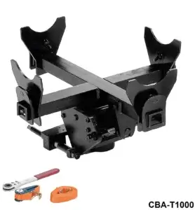 A black mechanical device with two viselike ends, crossed levers, and adjustment knobs, labeled "CBA-T1000". Small tools (wrench, tape) nearby for scale.