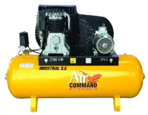 A stationary yellow air compressor with black motor components mounted on top, isolated on a white background. "INDUSTRIAL 5.5 AIR COMMAND" text is visible on the unit.