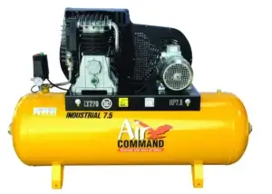 A yellow air compressor with black motor mounted on top, against a white background. Text reads "LT200", "INDUSTRIAL 7.5", "AIR COMMAND".