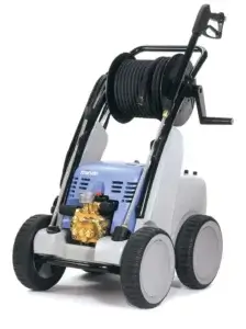 A pressure washer on large wheels, with a hose reel and handle, is stationary against a white background.