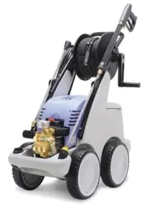 A pressure washer on wheels, with hoses and a motor, positioned upright, against a plain white background.