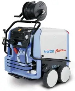 A blue and white industrial pressure washer on wheels, with a hose reel attached, designed for cleaning, isolated on a white background.