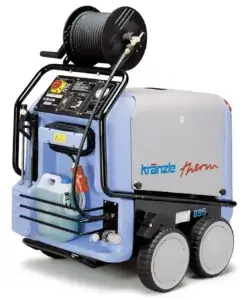 A blue and grey industrial pressure washer on wheels, with a black hose reel attached, stationary against a white background. Text: "kränzle therm 895".