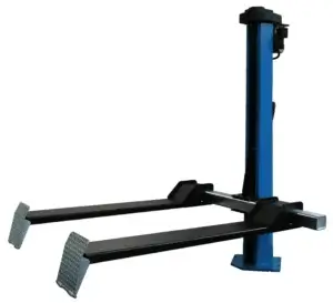 A blue and black bike repair stand, stationary, against a white background.