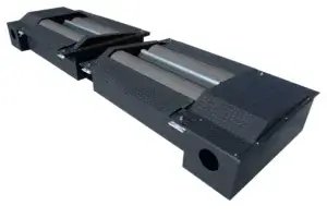 A black metal tool with two parallel sliding bars, likely part of a larger mechanism, isolated on a white background.